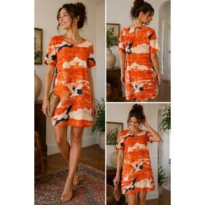Zoologist by Charlotte Linton 100% Silk Crane Print Shift Dress Orange Size 4/S